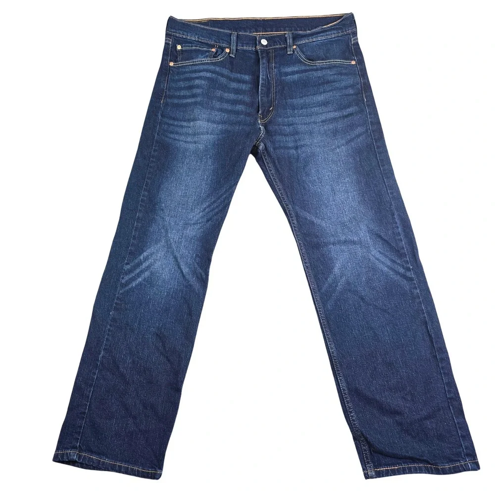 Levi's 505 Regular Fit Jeans Mens 36x30 Dark Wash Blue Stretch Denim Whiskering